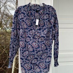 NWT Talbots Pretty Blue Red White Floral Ruffle Neck Blouse